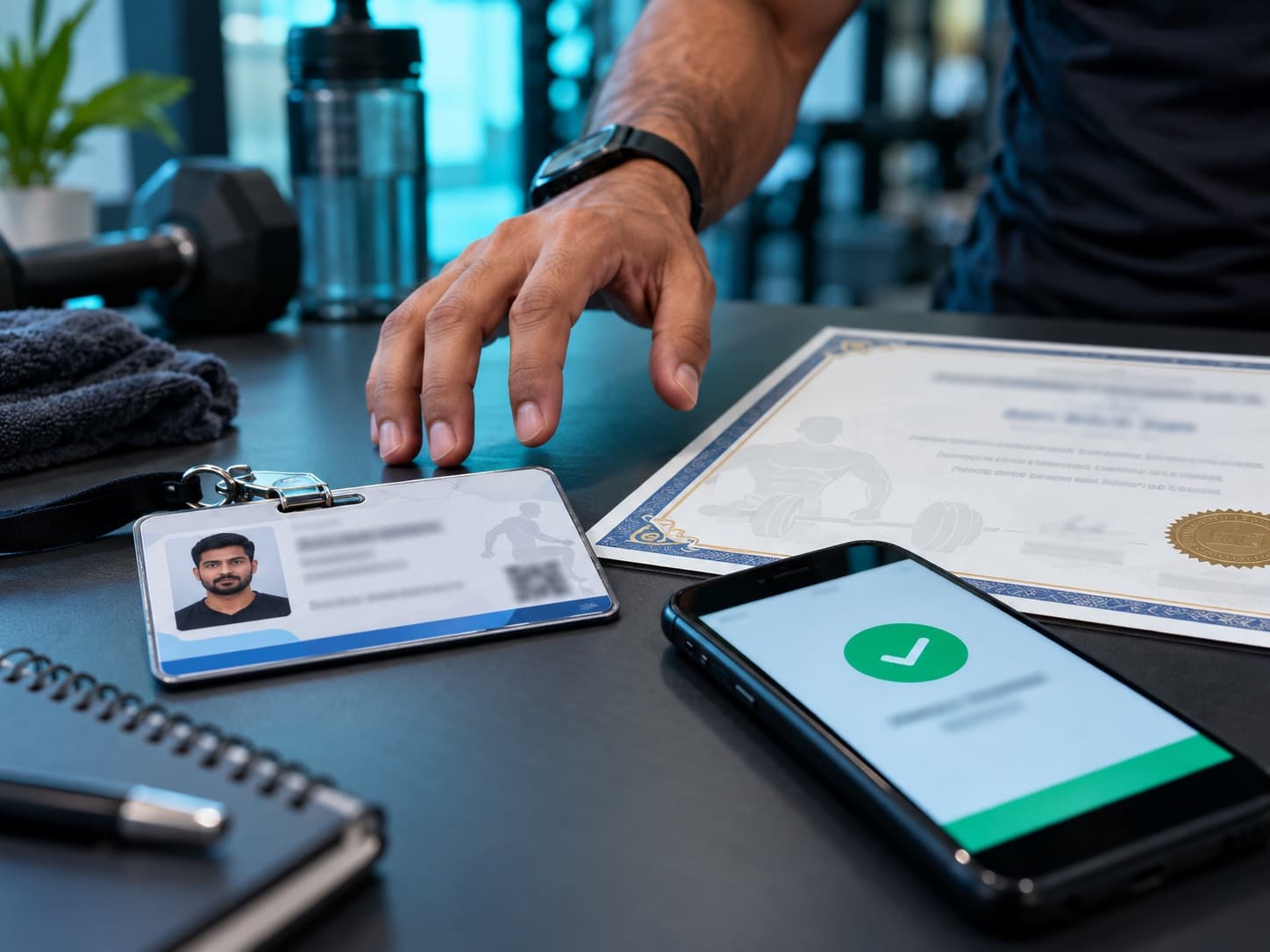 A trainer's photo ID badge, fitness certificate and a phone showing a green verified checkmark on a gym desk